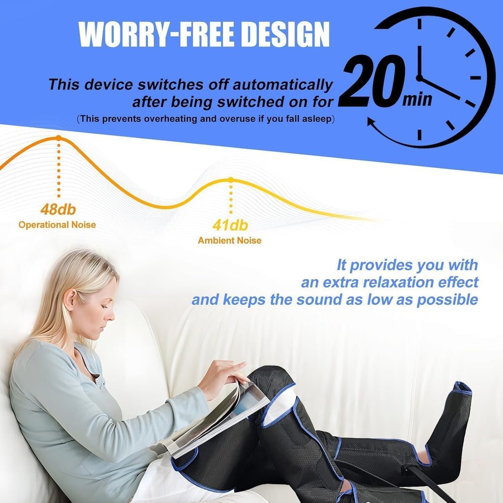 Air compression leg massager for circulation and pain relief; full-leg compression boots with adjustable extension straps for feet, calves, and thighs.