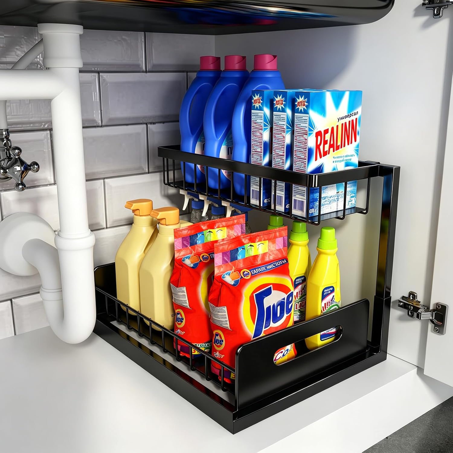 Under-sink organizer, 2-tier pull-out storage cabinet, sliding under-sink shelf, kitchen organizers and storage, 1-pack