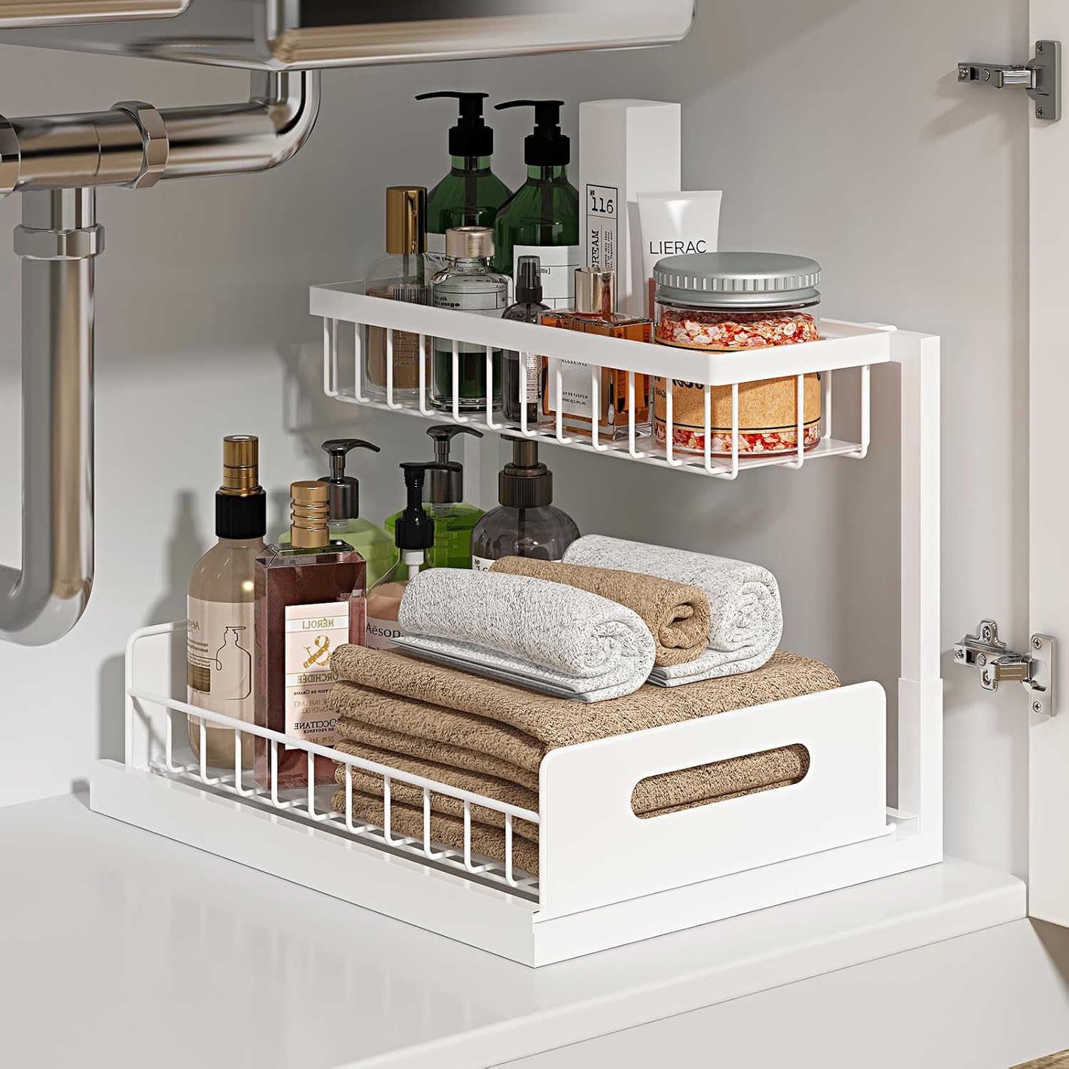 Organizador para debajo del fregadero, mueble de almacenamiento extraíble de 2 niveles, estante deslizante para debajo del fregadero, organización y almacenamiento de cocina, paquete de 1