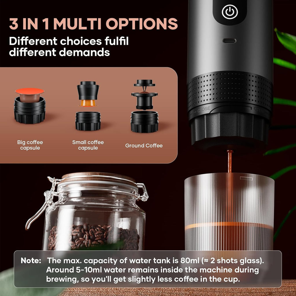Automatisk espressomaskine – Dobbelt varm- og koldbryg – 20 bar tryk – Kompakt bærbar kaffemaskine med hurtig opvarmning – Indbygget transparent kop – Rejsevenligt design