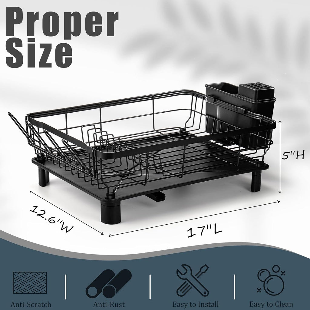 Large Stainless Steel Kitchen Dish Drying Rack with Cup Holders, Utensil Holder, and Automatic Drainage,Single-Tier