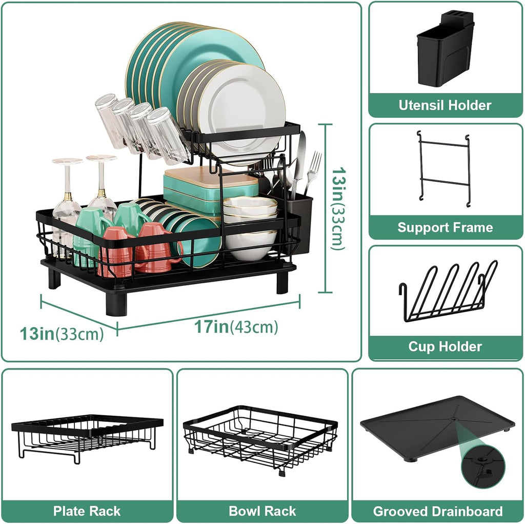 Large Stainless Steel Kitchen Dish Drying Rack with Cup Holders, Utensil Holder, and Automatic Drainage,  2-Tier