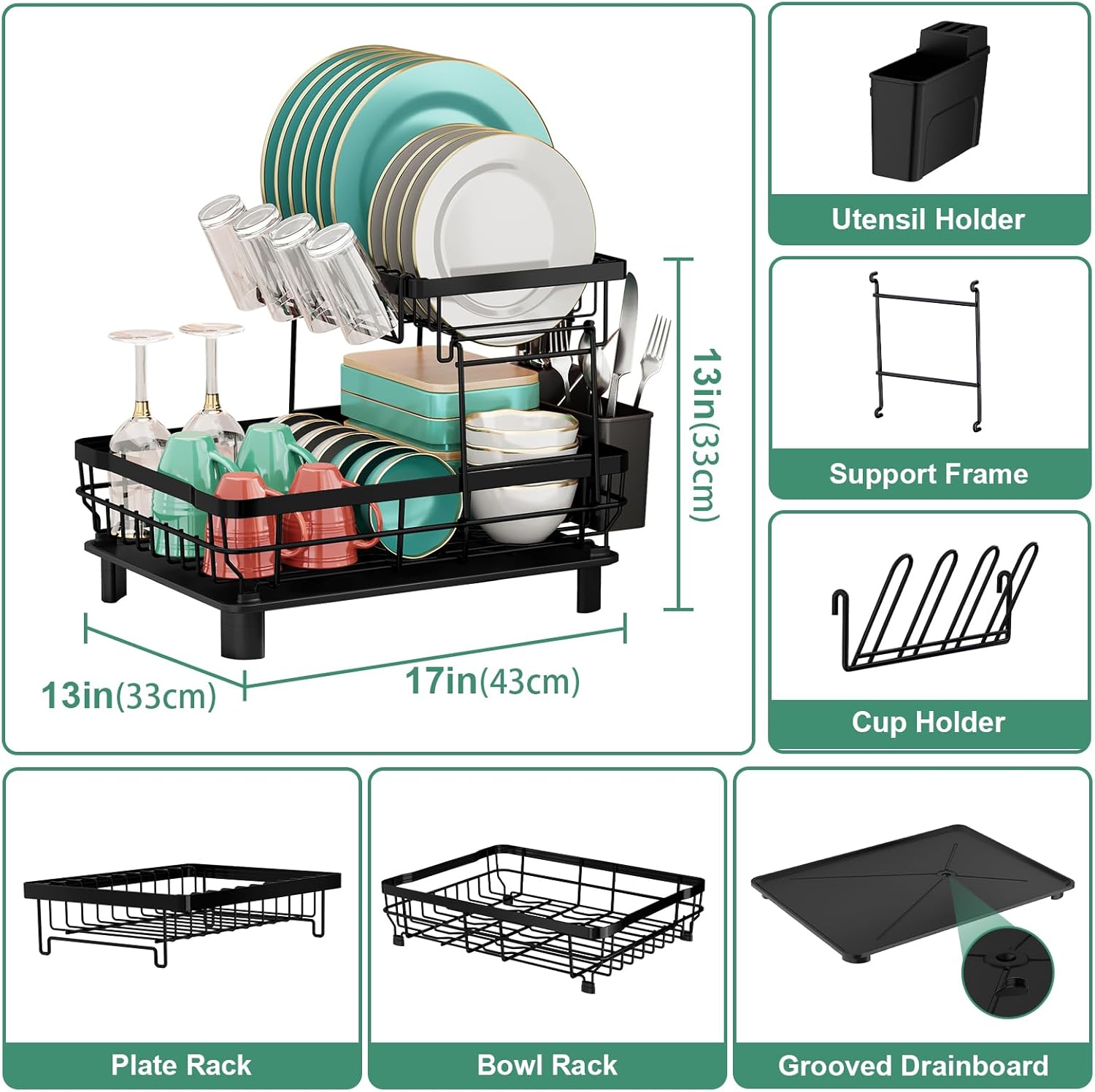 Large Stainless Steel Kitchen Dish Drying Rack with Cup Holders, Utensil Holder, and Automatic Drainage,  2-Tier