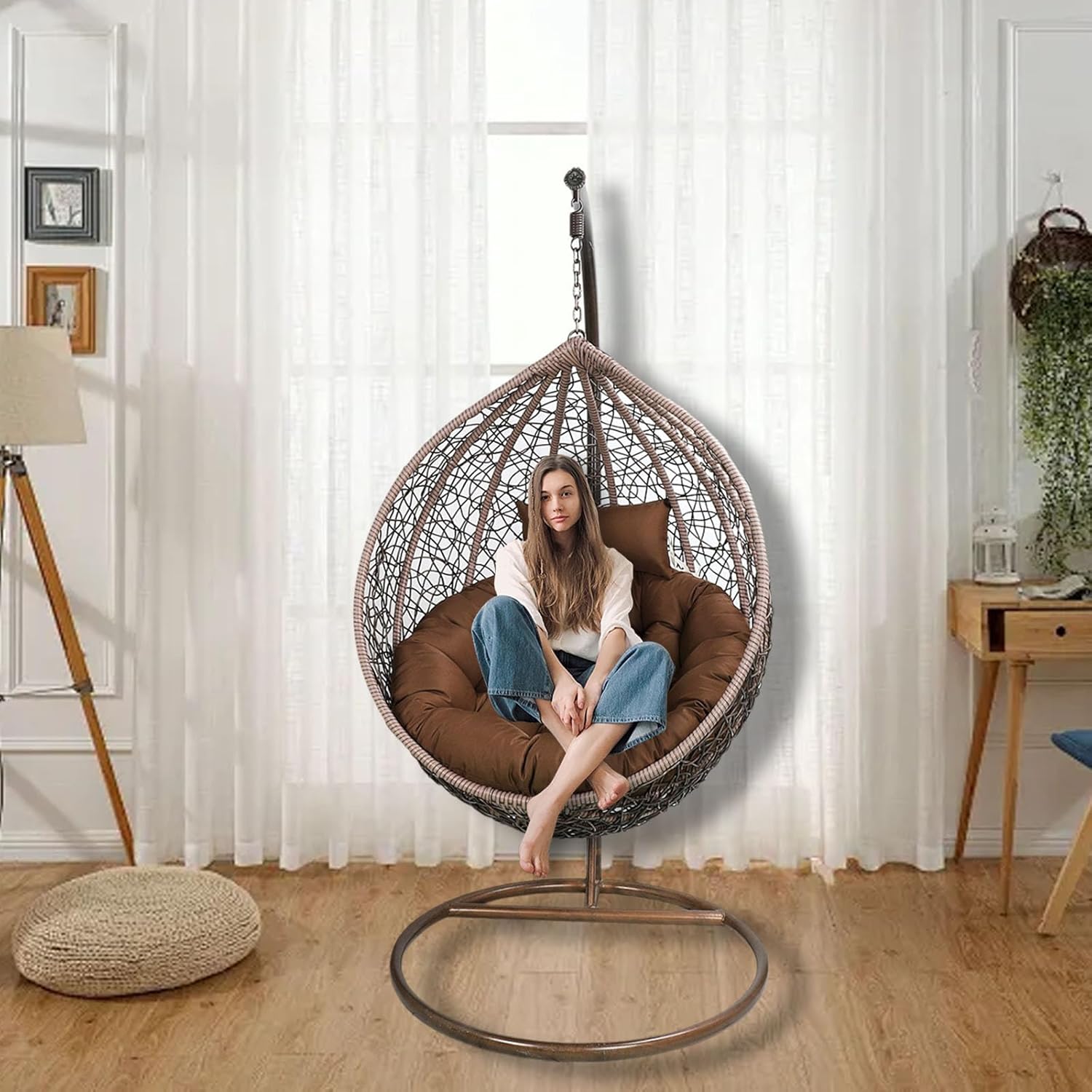 Replacement Cushion for Egg-Shaped Hanging Swing Chair – Thickened Round Garden Basket Chair Cushion (with Adjustable Headrest), 110 cm Diameter