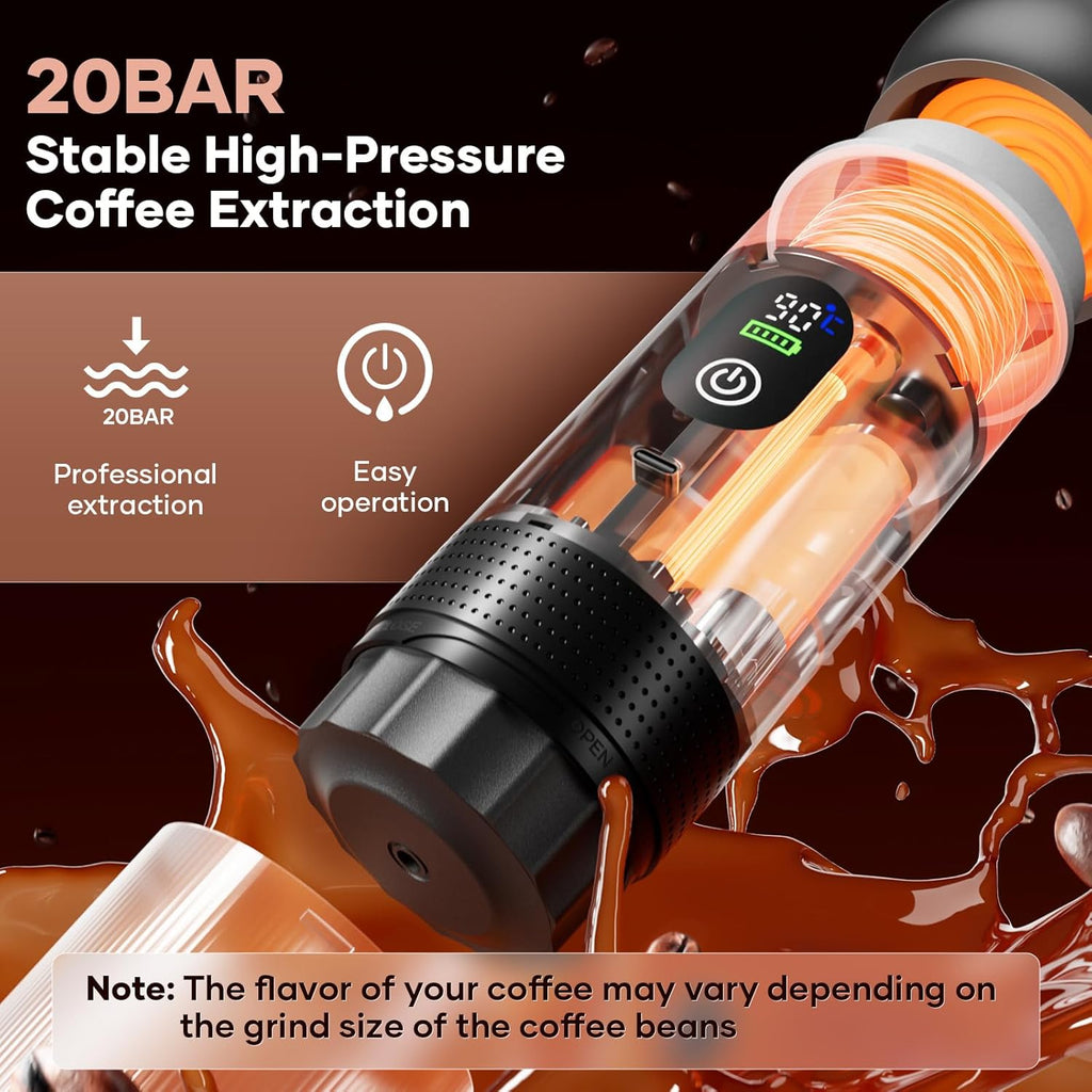 Automatisk espressomaskine – Dobbelt varm- og koldbryg – 20 bar tryk – Kompakt bærbar kaffemaskine med hurtig opvarmning – Indbygget transparent kop – Rejsevenligt design