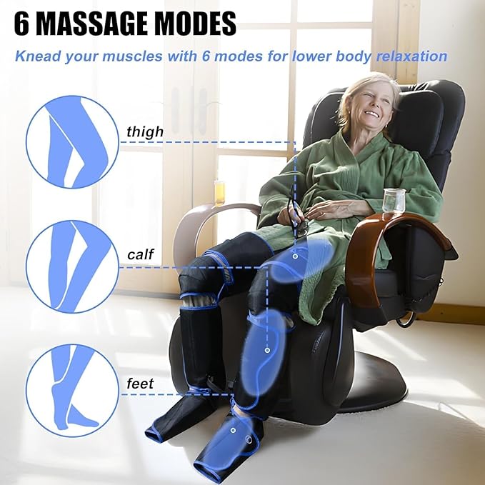 Air compression leg massager for circulation and pain relief; full-leg compression boots with adjustable extension straps for feet, calves, and thighs.