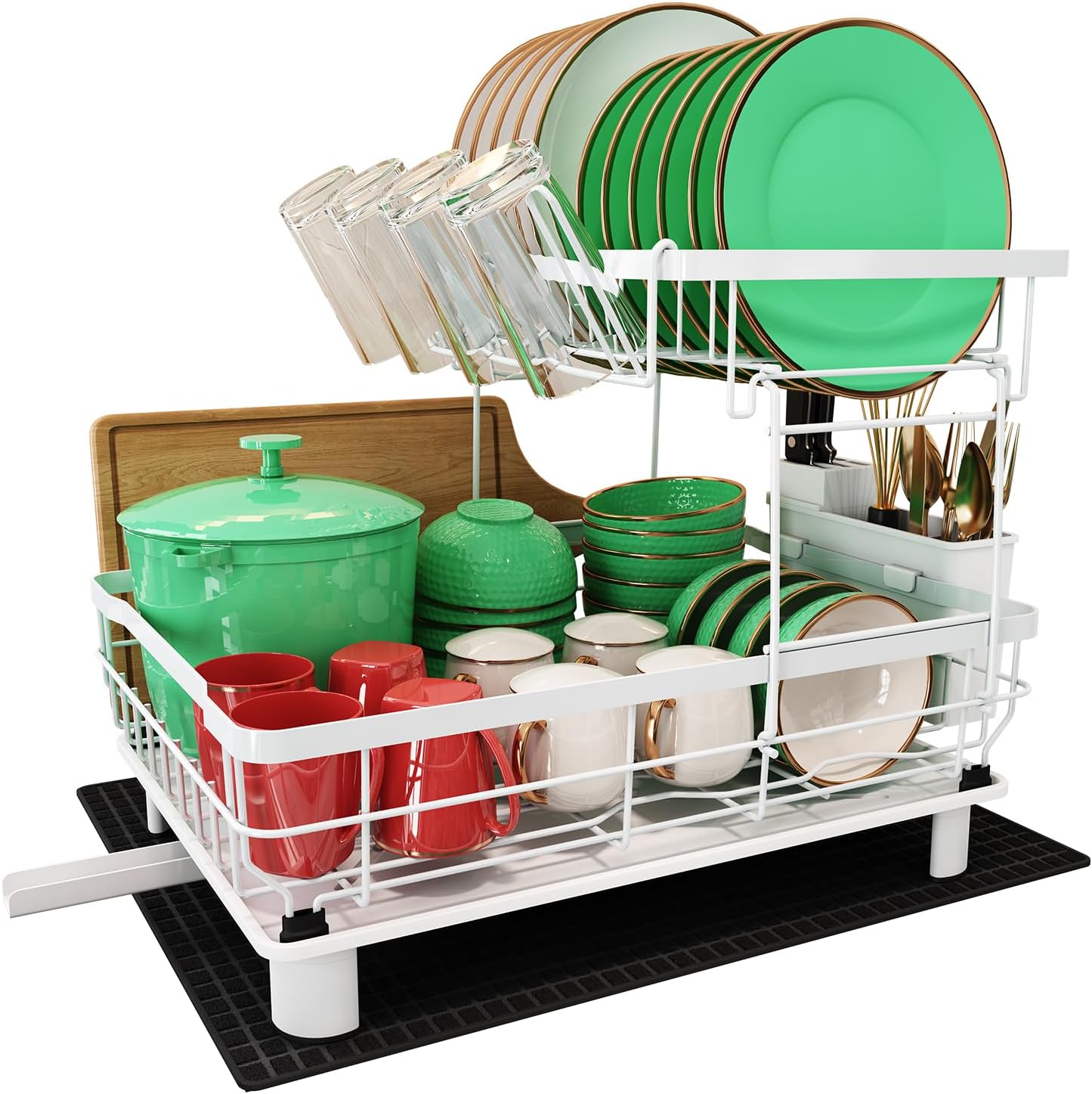 Escurridor de platos grande de acero inoxidable para cocina, de 2 niveles, con soportes para tazas, cubertero y drenaje automático