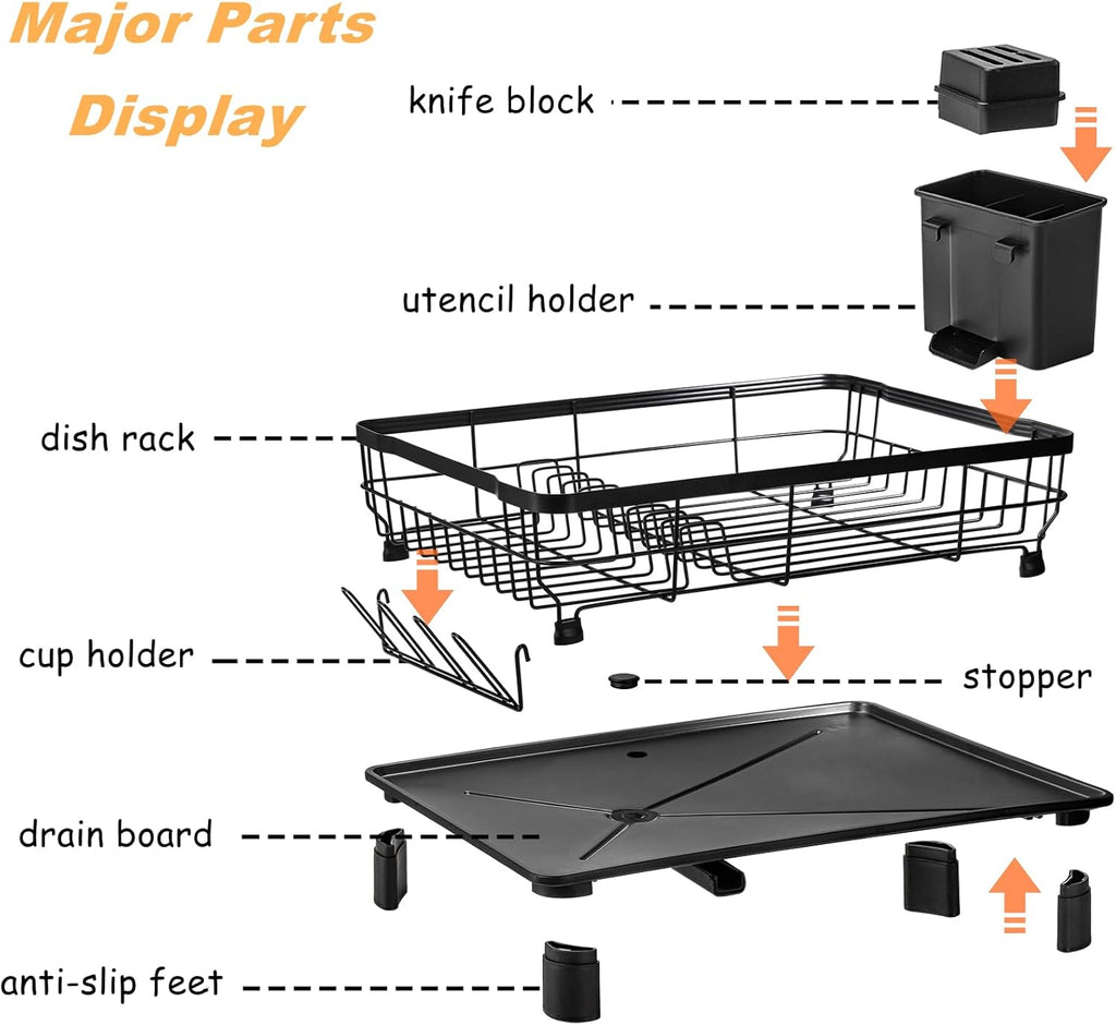 Large Stainless Steel Kitchen Dish Drying Rack with Cup Holders, Utensil Holder, and Automatic Drainage,Single-Tier