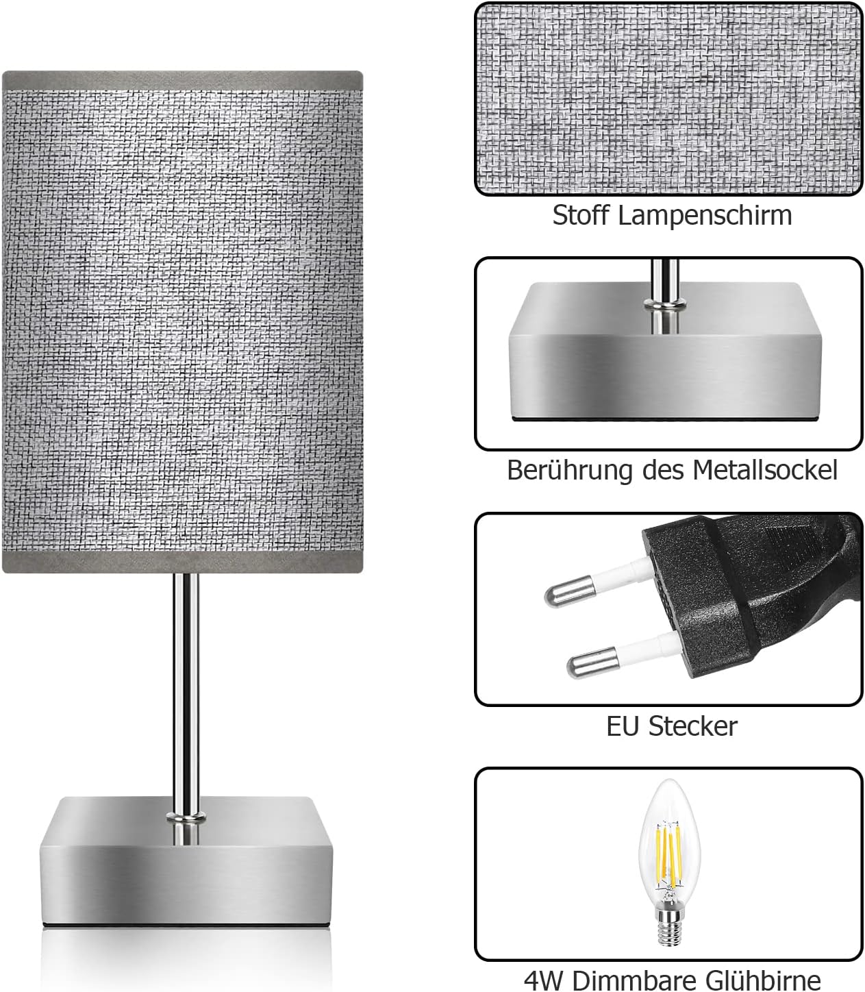Set of 2 touch-control bedside lamps, dimmable touch table lamps, 3 brightness levels, 2 bulbs included.