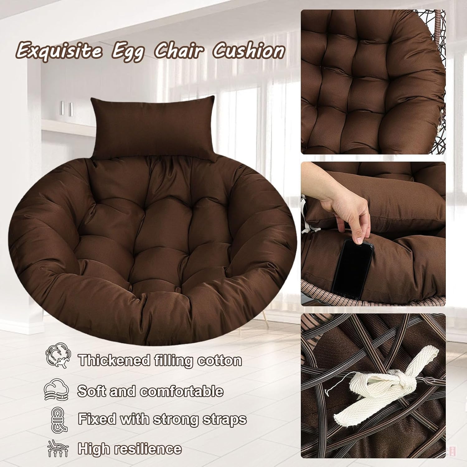 Replacement Cushion for Egg-Shaped Hanging Swing Chair – Thickened Round Garden Basket Chair Cushion (with Adjustable Headrest), 110 cm Diameter