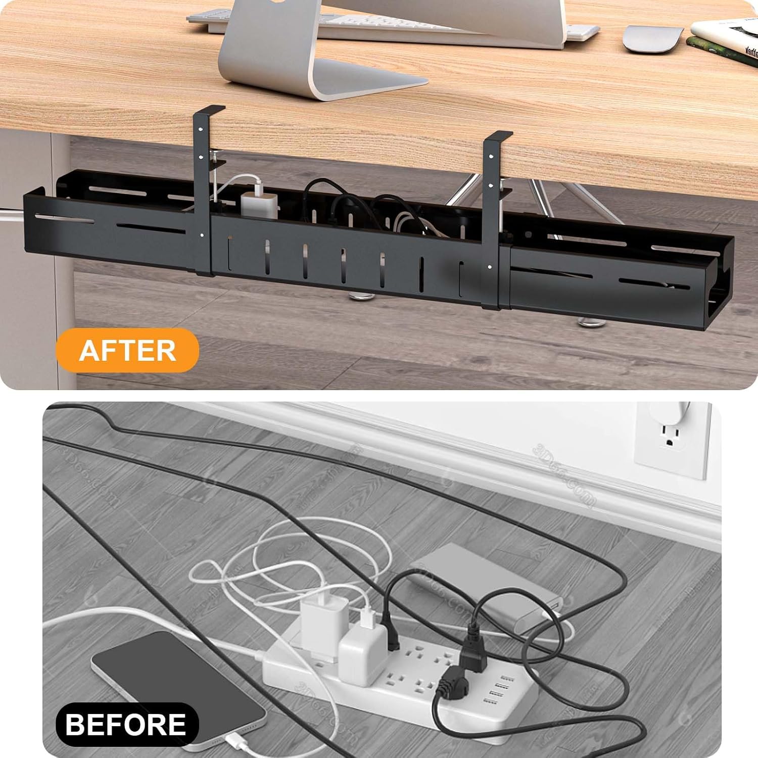 Under-Desk Cable Management Tray,Expandable from 25.27 to 38.66 Inches, Heavy-Duty Steel Desk Cable Organizer for Office and Home