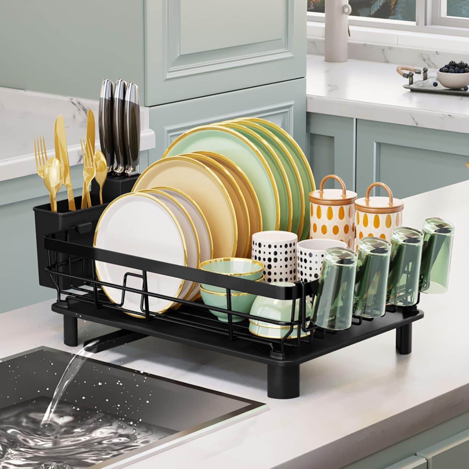 Large Stainless Steel Kitchen Dish Drying Rack with Cup Holders, Utensil Holder, and Automatic Drainage,Single-Tier
