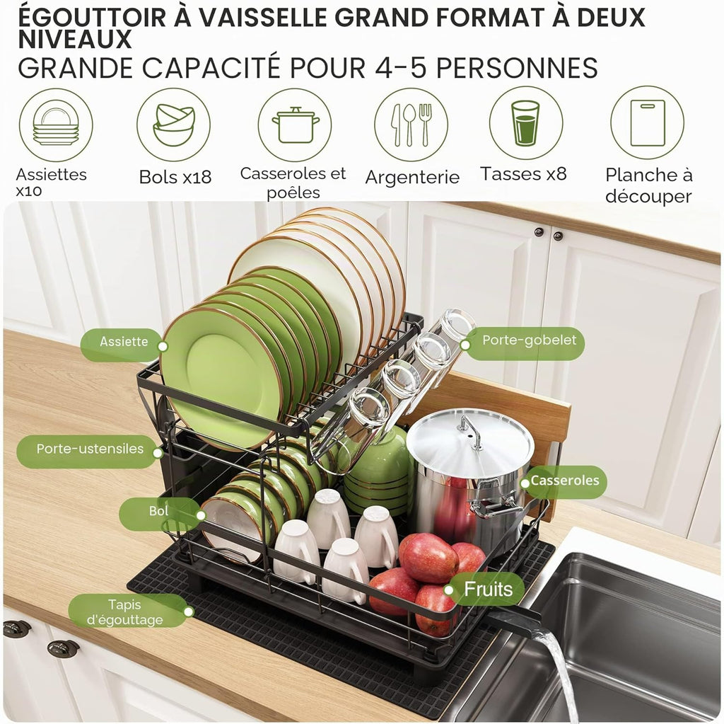 Large Stainless Steel Kitchen Dish Drying Rack with Cup Holders, Utensil Holder, and Automatic Drainage,  2-Tier