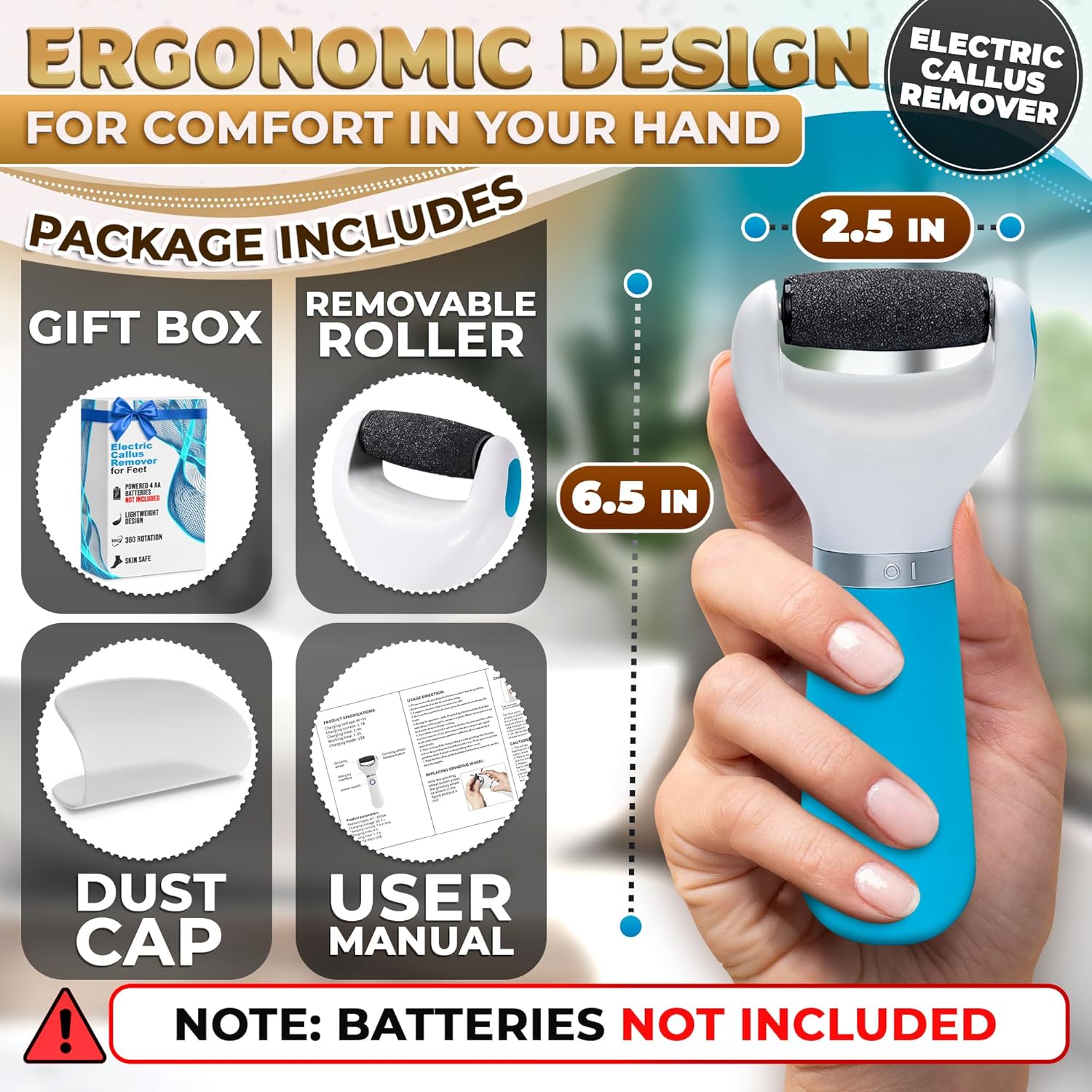 Râpe électrique pour les pieds + 5 rouleaux bleus (piles non incluses) – Ponceuse pour pieds haute vitesse avec rouleau facile à remplacer – Anti-callosités électrique portable pour les pieds | Outil de pédicure pour lisser la peau des pieds
