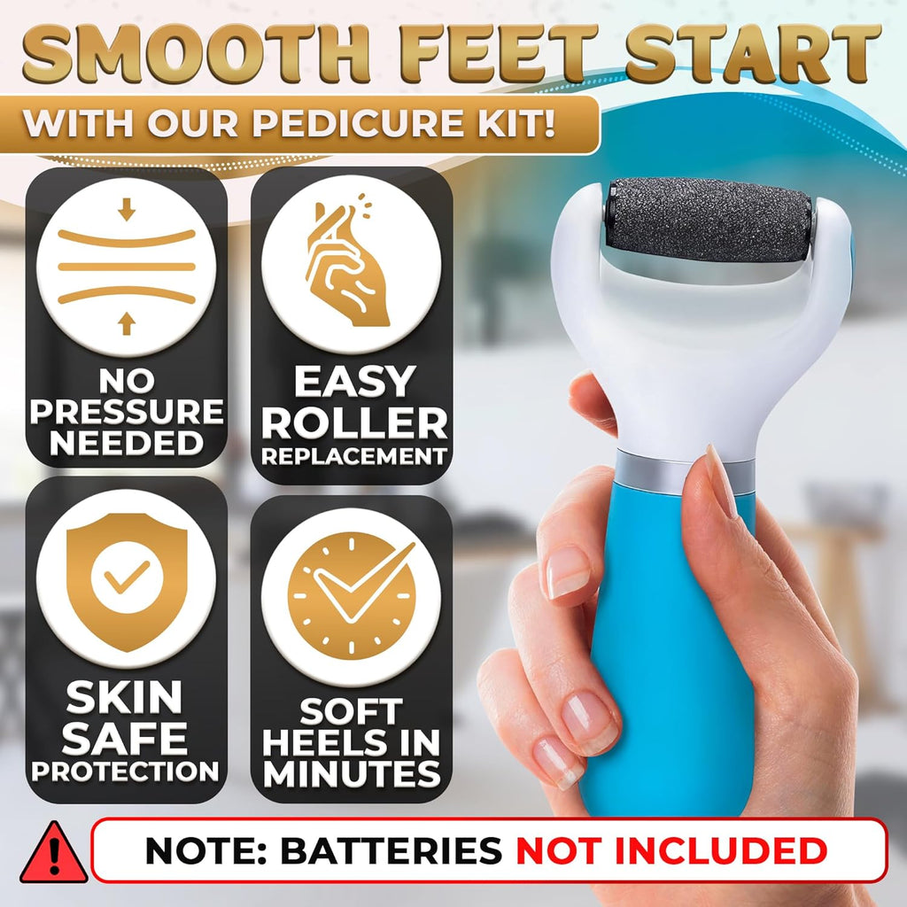 Râpe électrique pour les pieds + 5 rouleaux bleus (piles non incluses) – Ponceuse pour pieds haute vitesse avec rouleau facile à remplacer – Anti-callosités électrique portable pour les pieds | Outil de pédicure pour lisser la peau des pieds
