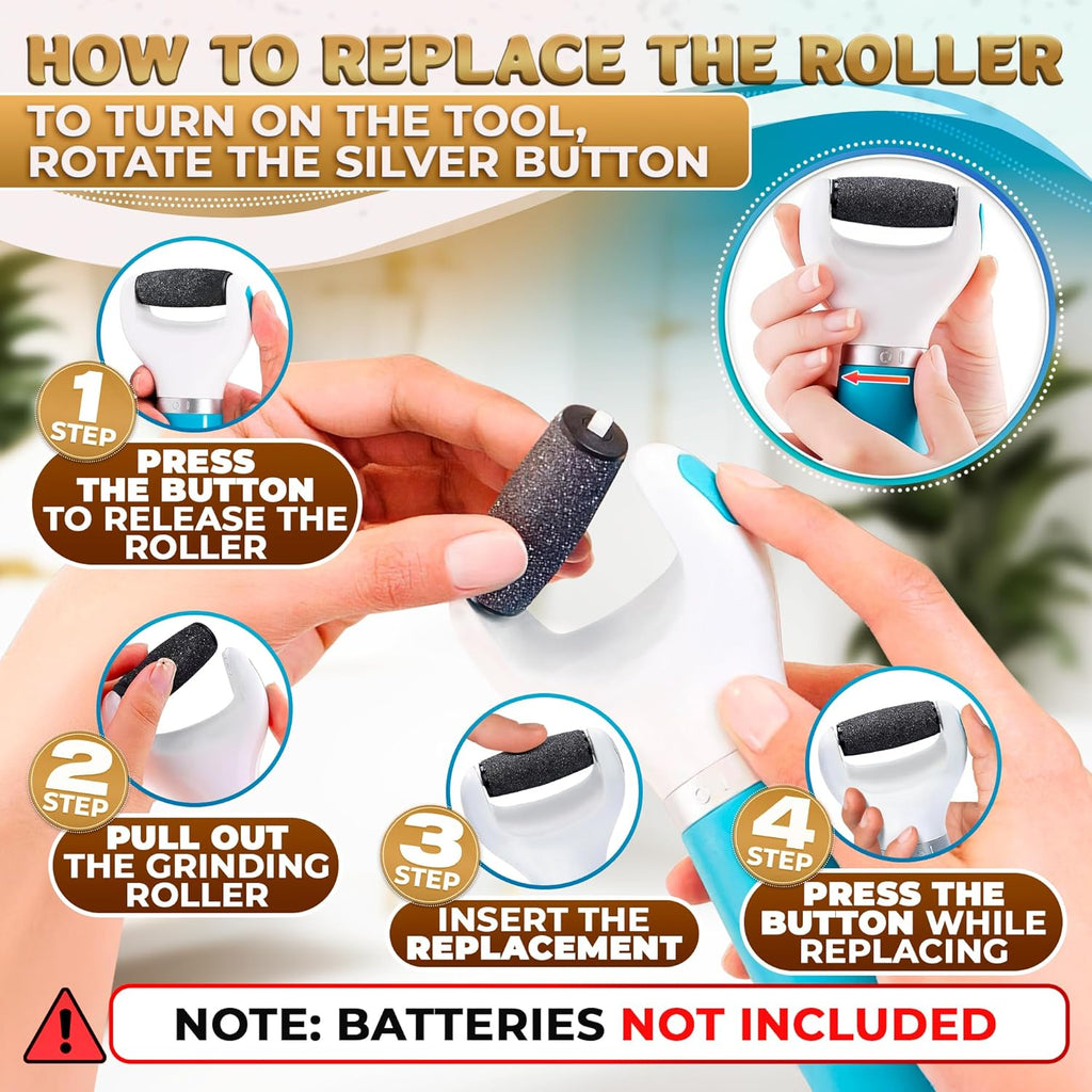 Râpe électrique pour les pieds + 5 rouleaux bleus (piles non incluses) – Ponceuse pour pieds haute vitesse avec rouleau facile à remplacer – Anti-callosités électrique portable pour les pieds | Outil de pédicure pour lisser la peau des pieds
