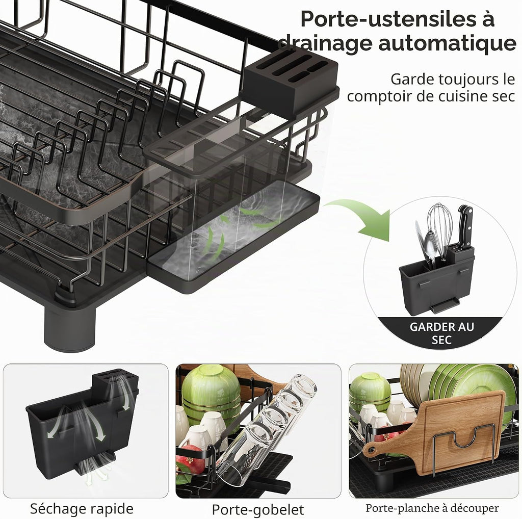 Large Stainless Steel Kitchen Dish Drying Rack with Cup Holders, Utensil Holder, and Automatic Drainage,  2-Tier