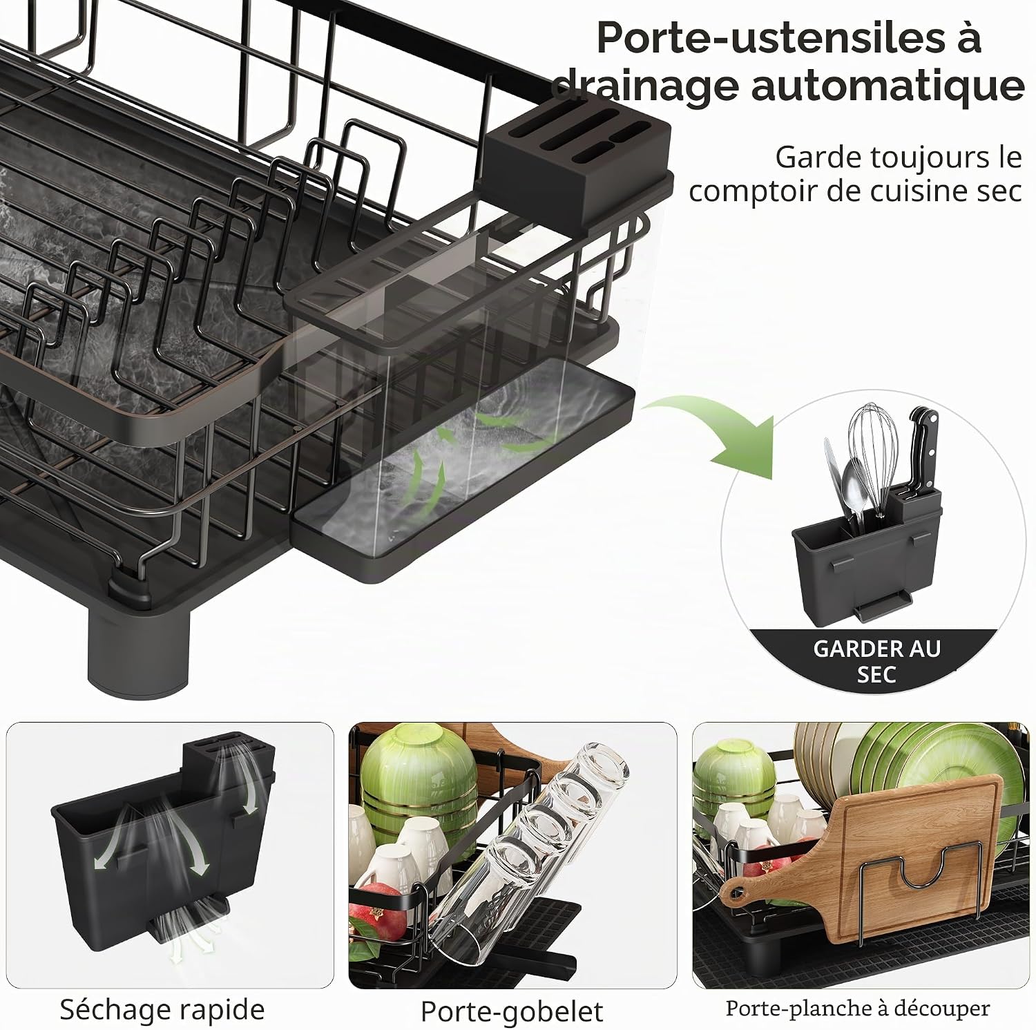 Large Stainless Steel Kitchen Dish Drying Rack with Cup Holders, Utensil Holder, and Automatic Drainage,  2-Tier