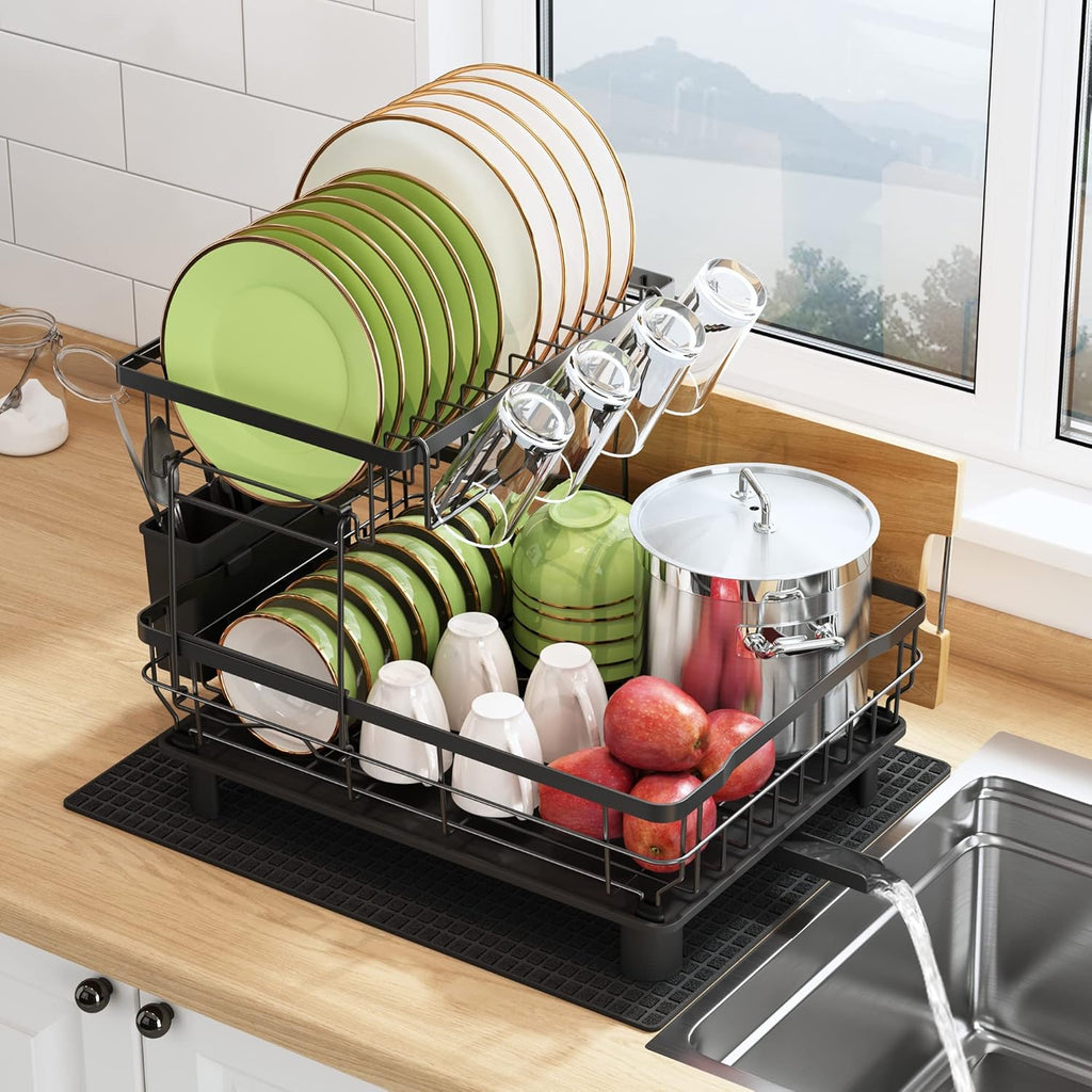 Large Stainless Steel Kitchen Dish Drying Rack with Cup Holders, Utensil Holder, and Automatic Drainage,  2-Tier