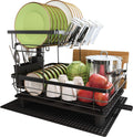 Large Stainless Steel Kitchen Dish Drying Rack with Cup Holders, Utensil Holder, and Automatic Drainage,  2-Tier