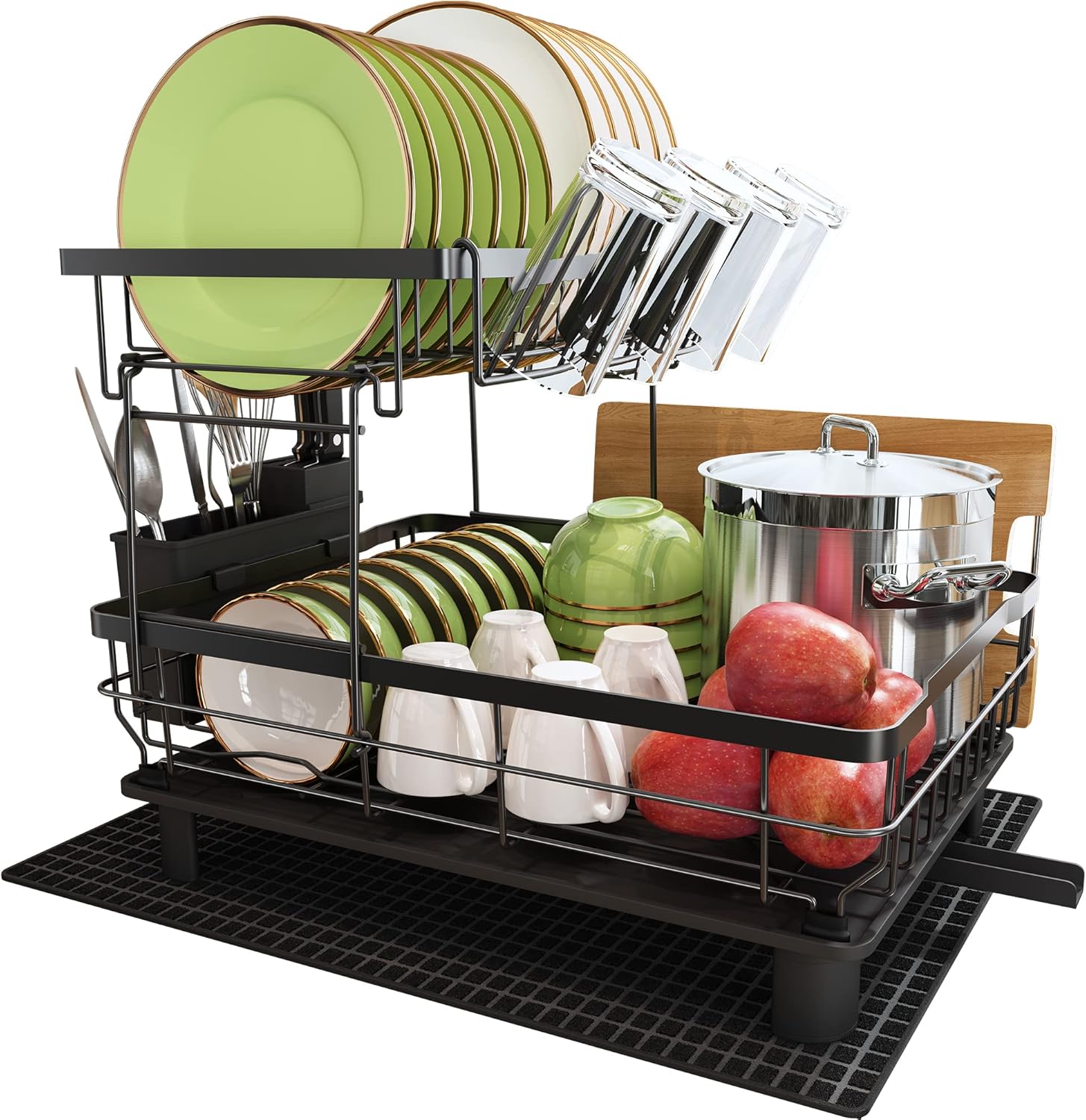 Large Stainless Steel Kitchen Dish Drying Rack with Cup Holders, Utensil Holder, and Automatic Drainage,  2-Tier