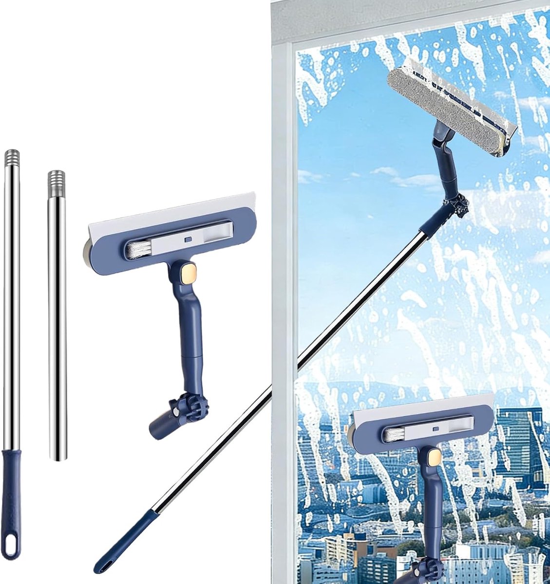 2-in-1 Extendable Window Cleaner – 120 cm Telescopic Squeegee & Scrubber, Rotating Head for Windows, Mirrors & Showers – Blue