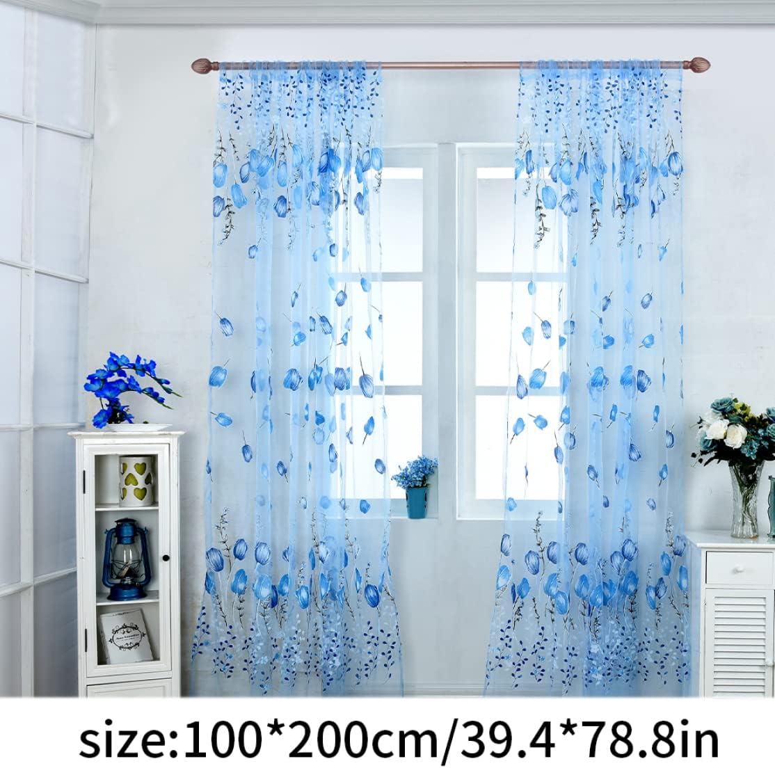 Transparent Tulip Pattern Curtains, Printed Sheer Curtains for Living Room, Bedroom, Home Decor, Blue 100*200cm