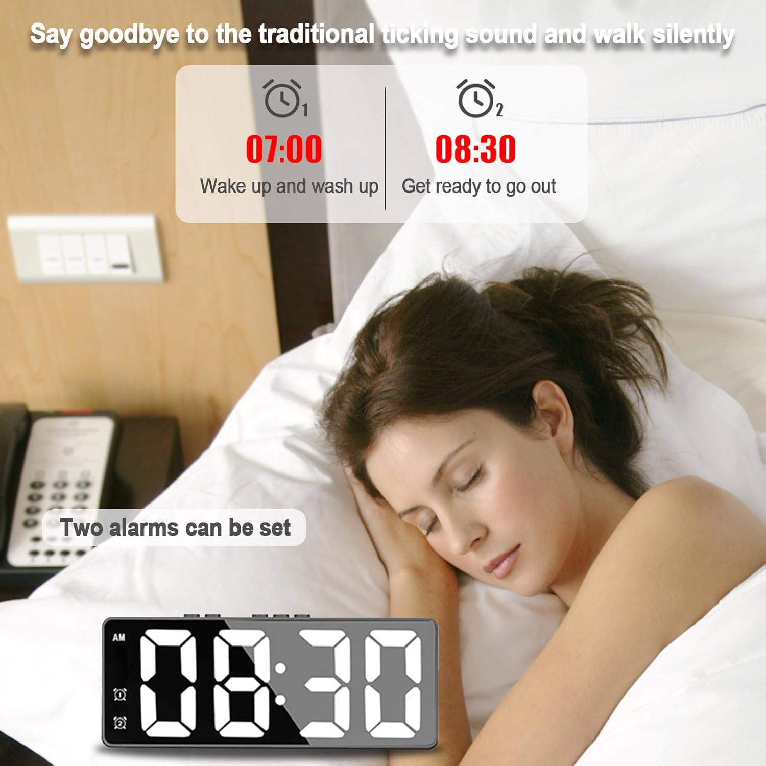 Digital Bedside Alarm Clock ¡ª Electronic Clock with Large LED Mirror, Temperature, Date, Adjustable Brightness, and Voice Control.