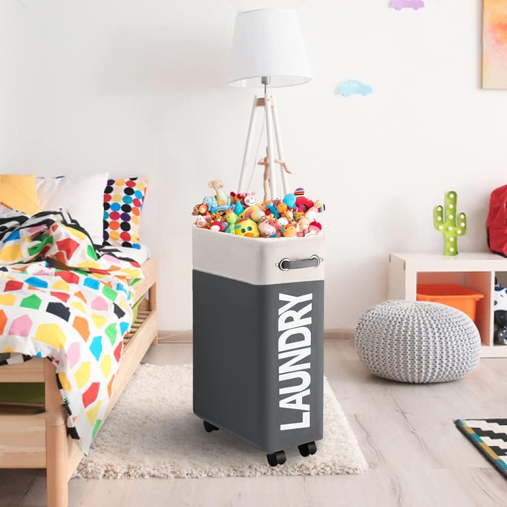 Cesta de lavandería de 43L con ruedas – Cesto de lavandería ultra delgado y multifuncional y bolsa de lavado