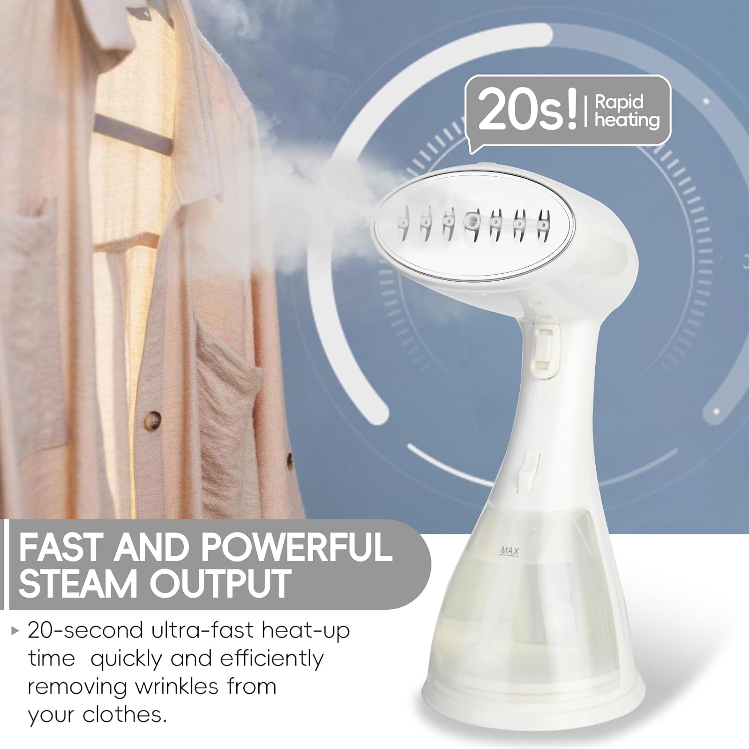 1500W Portable Garment Steamer, Heats Up Fast in 15s, 300ml Removable Tank, Compact and Portable for Travel, Home and Office.