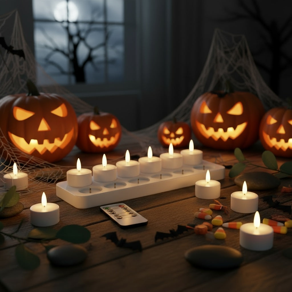 Pakke med 12 genopladelige LED-lys med fjernbetjening og timer – flammeløse, flimrende stearinlys til Halloween, jul og fester – hvid