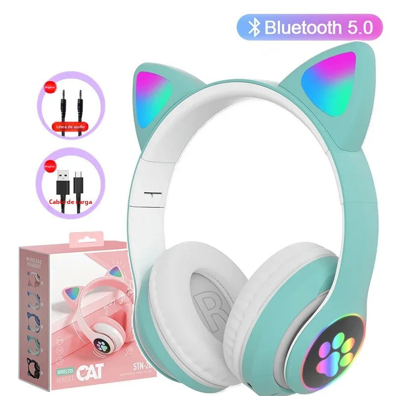 Casque Bluetooth 5.0 à oreilles de chat avec lumière flash, prise en charge de la carte TF et micro intégré, cadeau d'anniversaire pour enfants filles