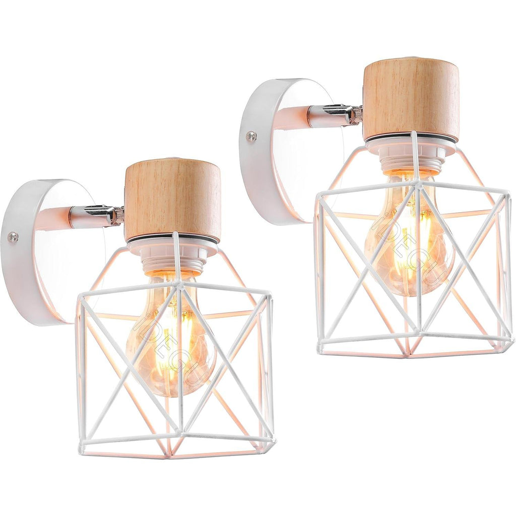 2PC Lámparas de Pared Vintage ¨C Aplique Interior de 15cm ¨C Diseño Industrial de Madera y Metal ¨C Estilo Jaula ¨C Luz Retro Ajustable