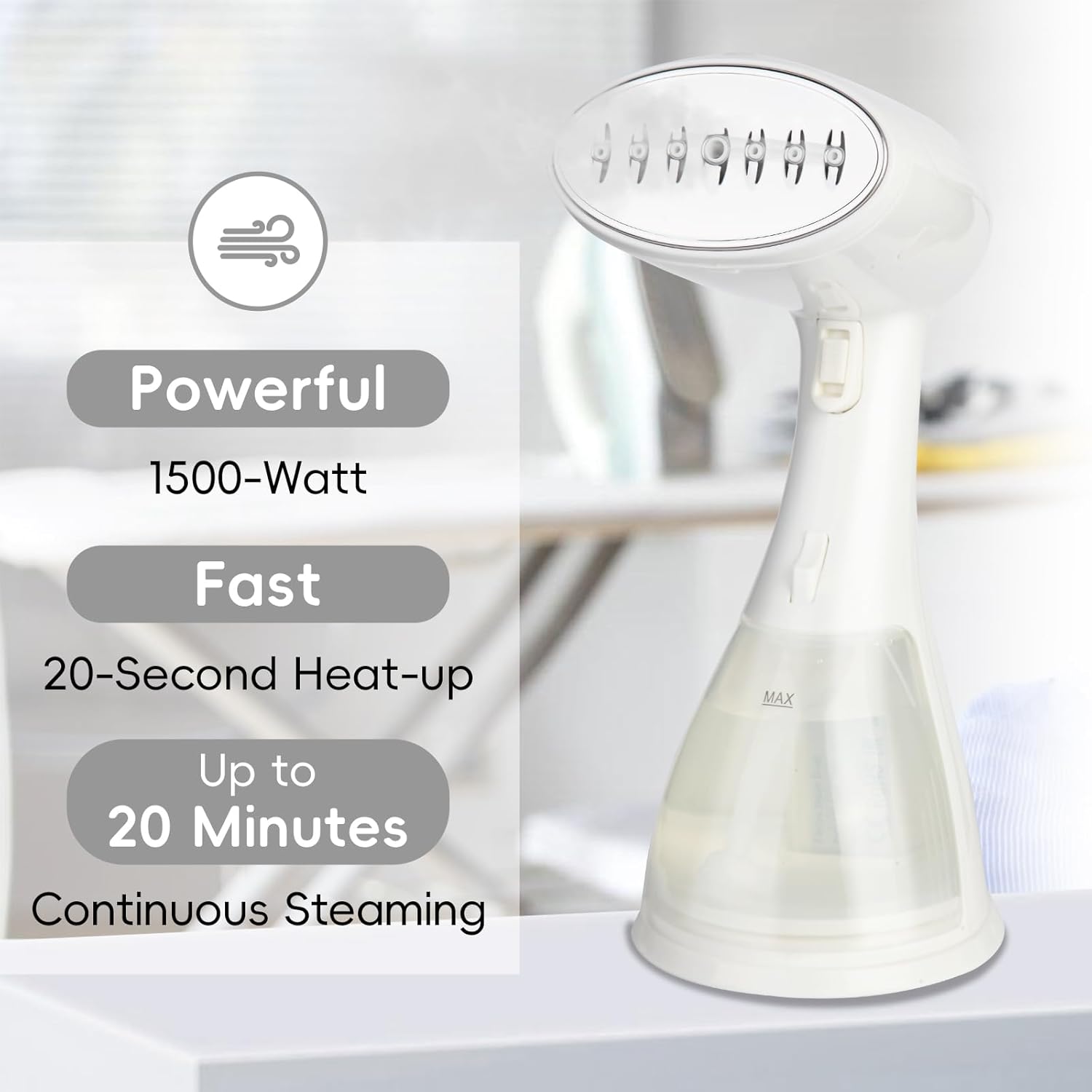 1500W Portable Garment Steamer, Heats Up Fast in 15s, 300ml Removable Tank, Compact and Portable for Travel, Home and Office.