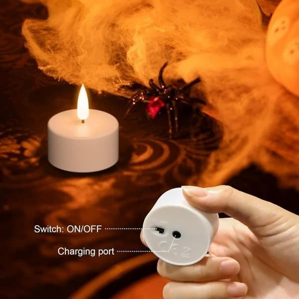 Pakke med 12 genopladelige LED-lys med fjernbetjening og timer – flammeløse, flimrende stearinlys til Halloween, jul og fester – hvid