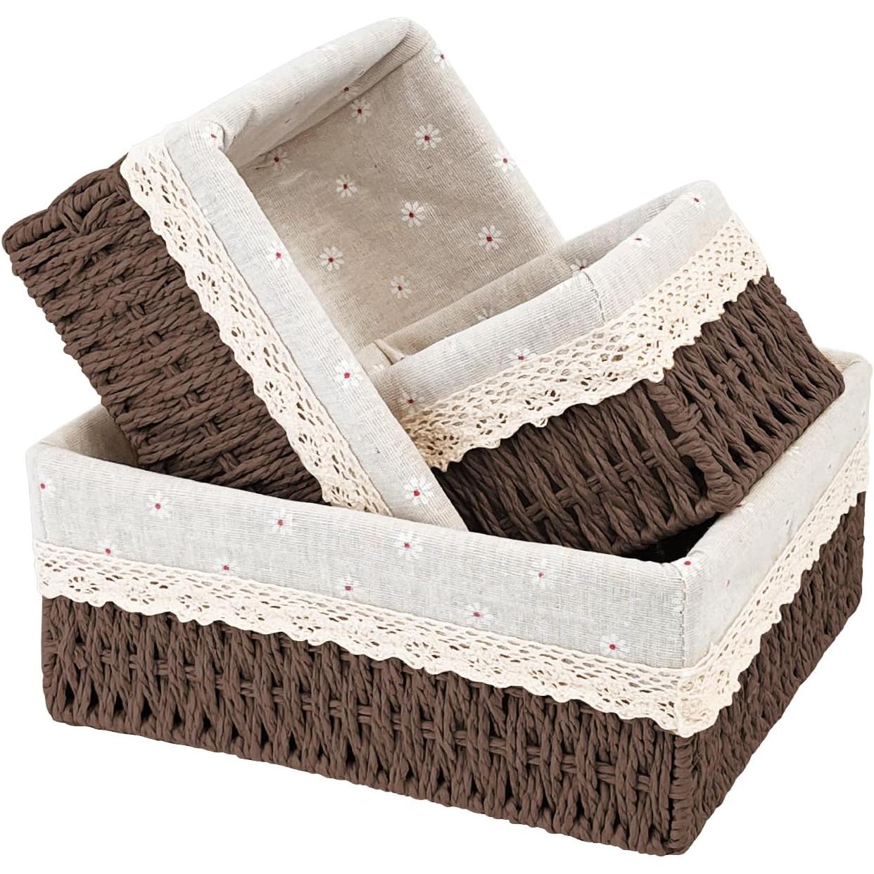 Handwoven Wicker Storage Baskets, Set of 3, with Removable Liner – Ideal for Kitchen Countertops, Bedroom, Bathroom & Shelves
