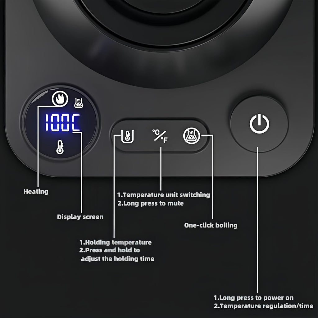 Bouilloire électrique numérique intelligente avec contrôle de température variable, intérieur en acier inoxydable, bouilloire électrique à col de cygne à chauffage rapide de 1200 W, finition élégante