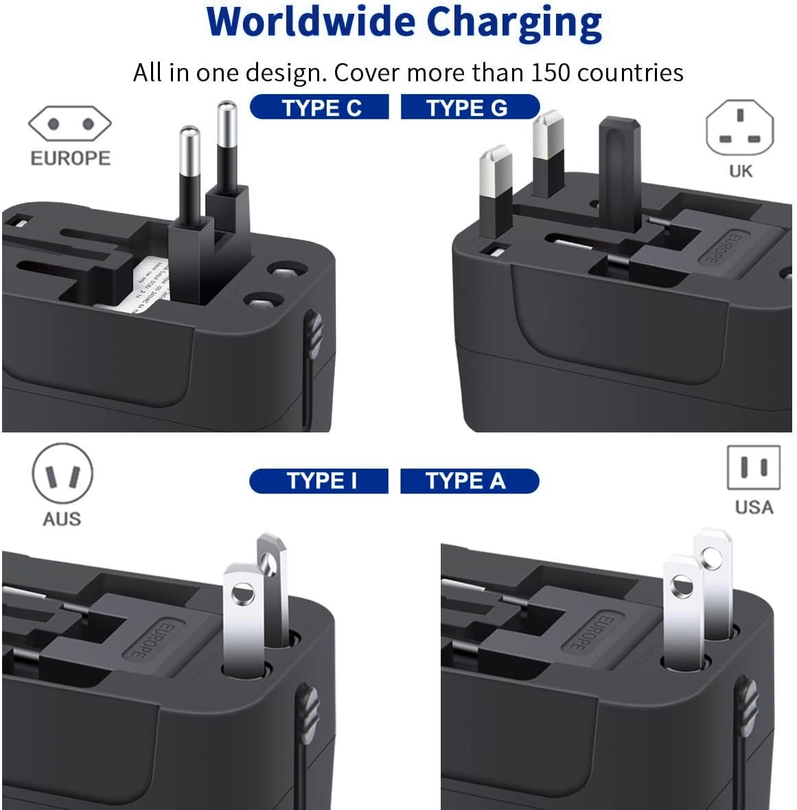 Rejseadapter, Alt-i-Én Universaladapter til Verdensomspændende Brug, AC-vægstik, Vægoplader med To USB-porte (1 USB-C) til USA, EU, Storbritannien, Australien – Kompatibel med Mobiltelefoner og Laptops.