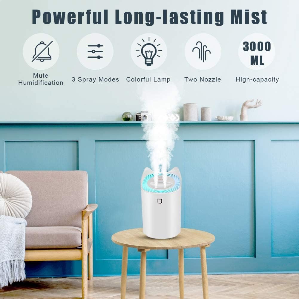 3L bedroom humidifier (up to 20 hours runtime), with color-changing night light for home and office, 3 mist modes, 2 nozzles