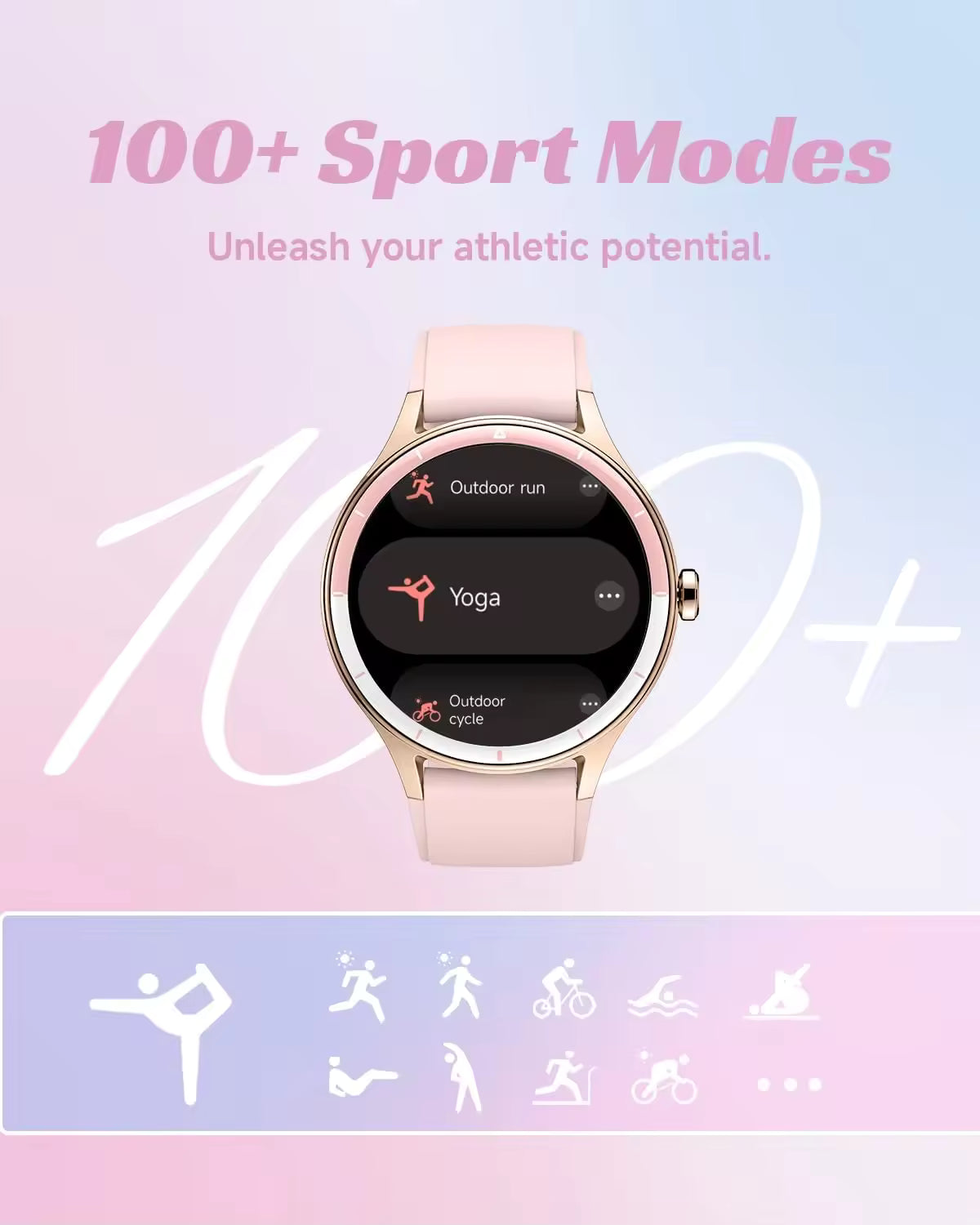 Dame-smartwatch, kompatibelt med Android- og iOS-telefoner, med mulighed for at besvare og foretage opkald, fitnesstracker, puls- og søvnmonitor, understøttelse af 100 sportsaktiviteter og IP68 vandtæthed.