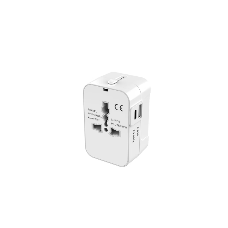 Reseadapter, allt-i-ett universaladapter för användning över hela världen, AC-väggkontakt, väggladdare med två USB-portar (1 USB-C) för USA, EU, Storbritannien, Australien – kompatibel med mobiltelefoner och bärbara datorer.
