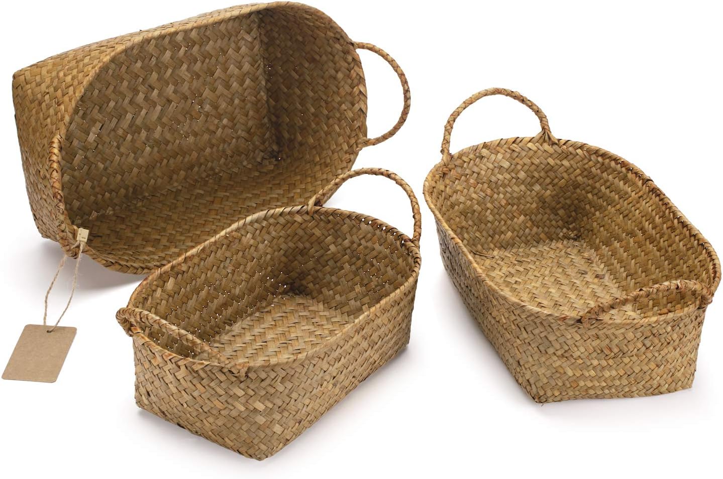 Woven Seagrass Storage Baskets ¨C Natural Oval Baskets with Handles, Stackable Organizer Set of 3
