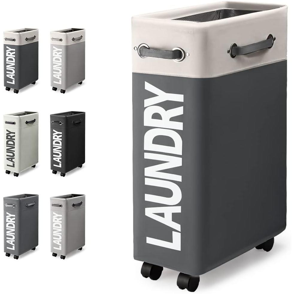 Cesta de lavandería de 43L con ruedas – Cesto de lavandería ultra delgado y multifuncional y bolsa de lavado