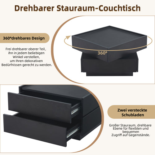 360° roterbart sofabord med 2 hylder og opbevaringsplads, sort, 60 x 60 x 38 cm