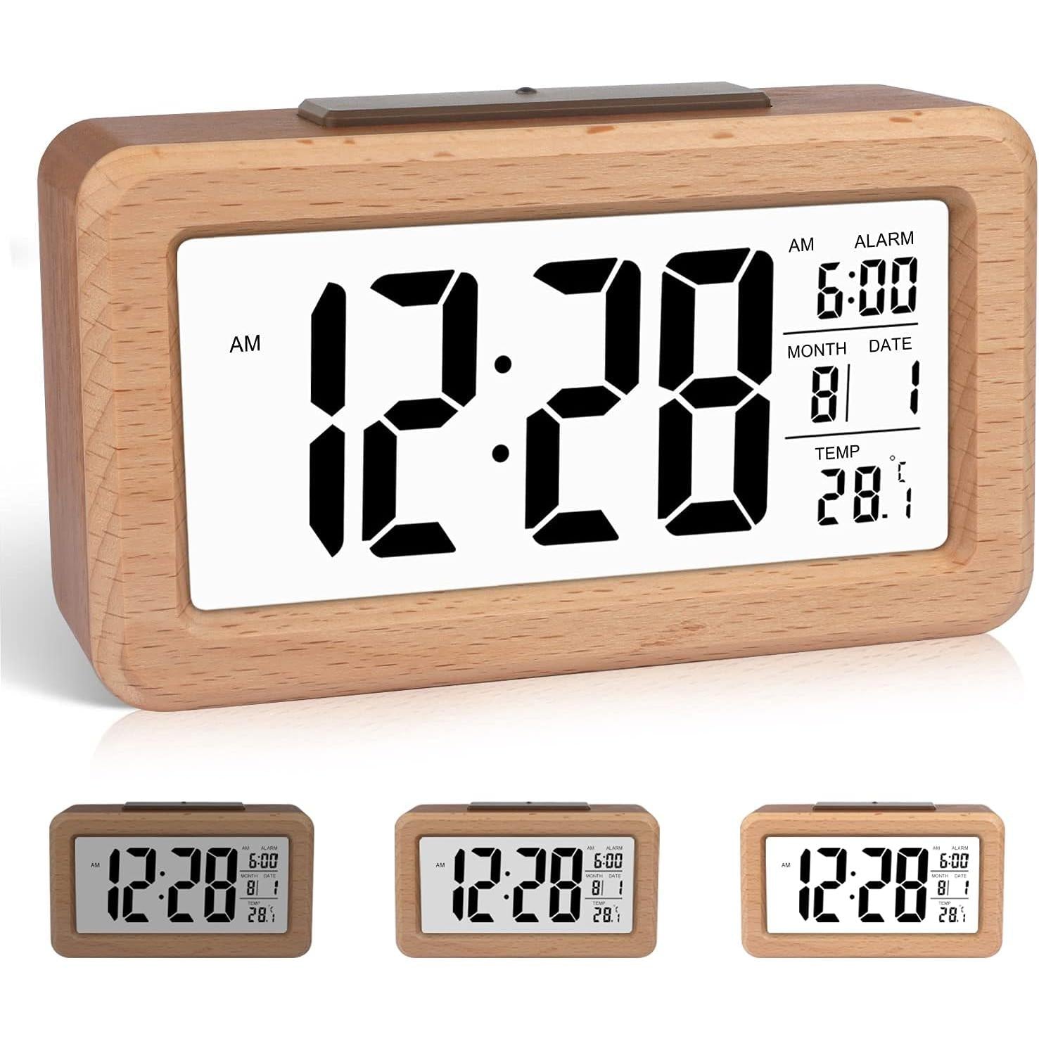 Wooden digital alarm clock, easy to set, with temperature display, backlight, and snooze function