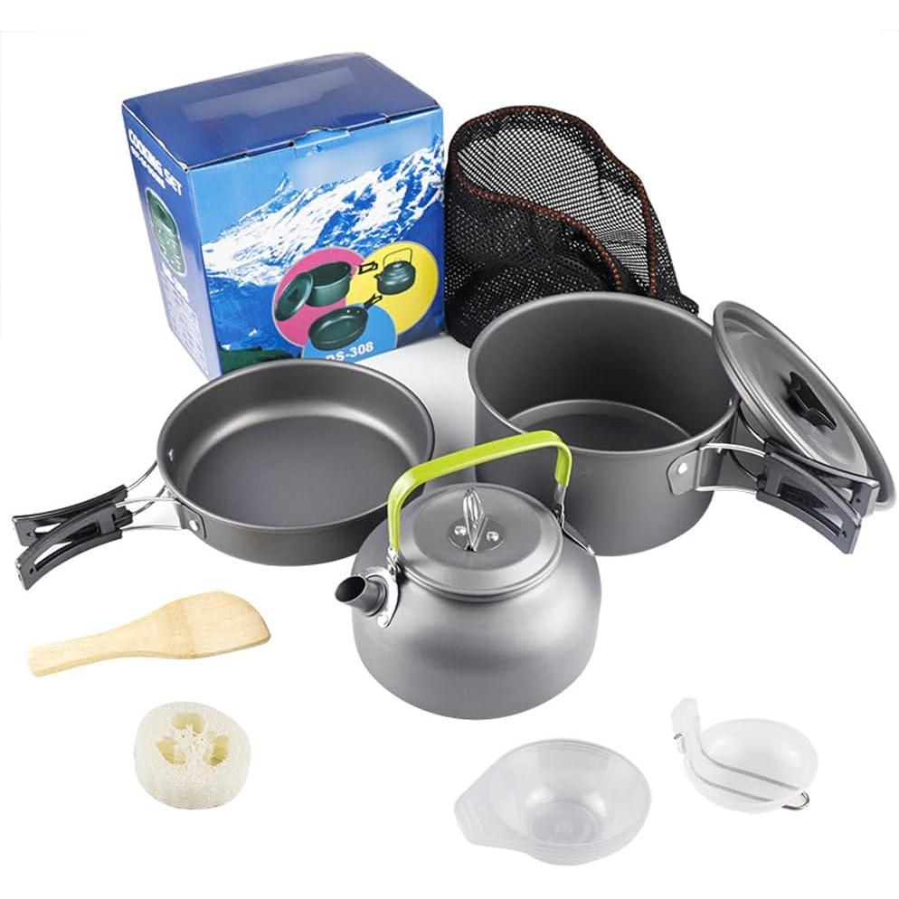 Grydesæt i aluminium til udendørs camping – sammenfoldelig tekedel og pandesæt, letvægtsgryder og pander med netpose til backpacking, vandreture og picnics