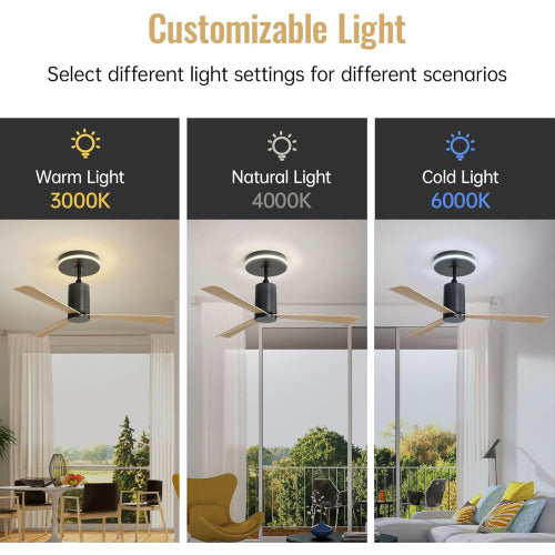 52-inch Recessed Ceiling Fan with LED Light and Remote Control, 3 ABS Blades for Patio and Living Room