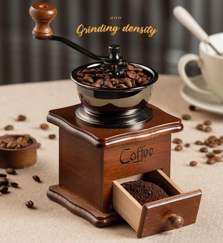 Manual Coffee Grinder, Coffee Bean Grinder, Retro Style, Cast Iron, Wooden Crank, 17.5x10.5x10.5 cm