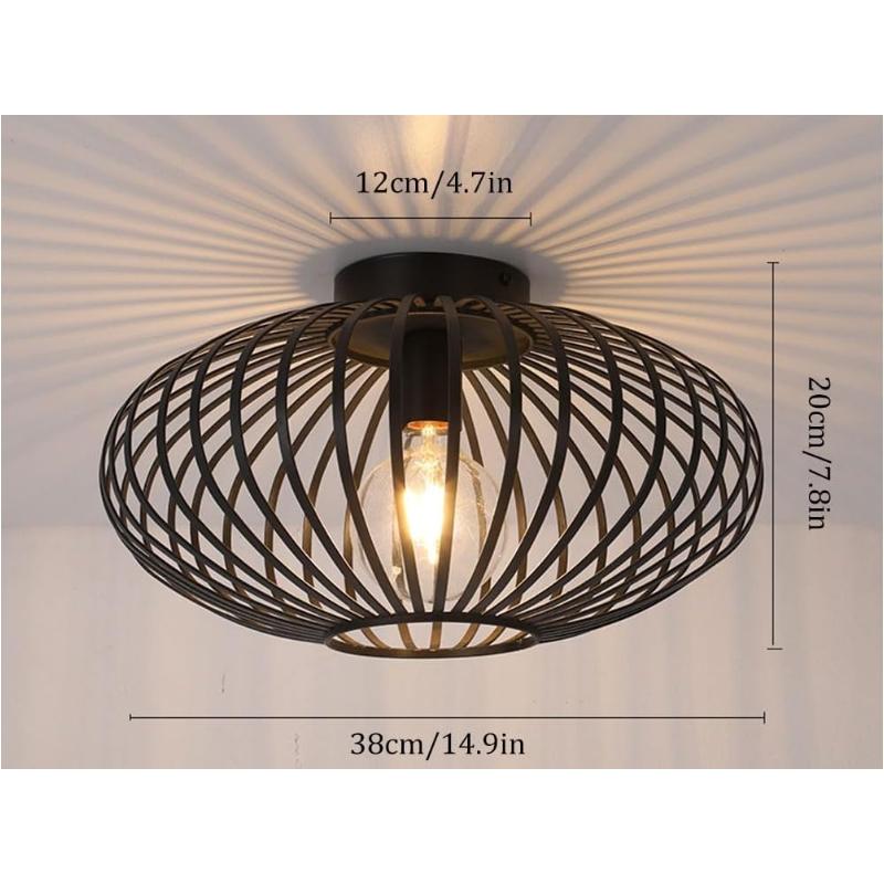 Vintage Industrial Metal Ceiling Light ¨C E27 Cage Lamp for Bedroom, Living Room, Caf¨¦, Entryway, Hallway ¨C 38cm, Black