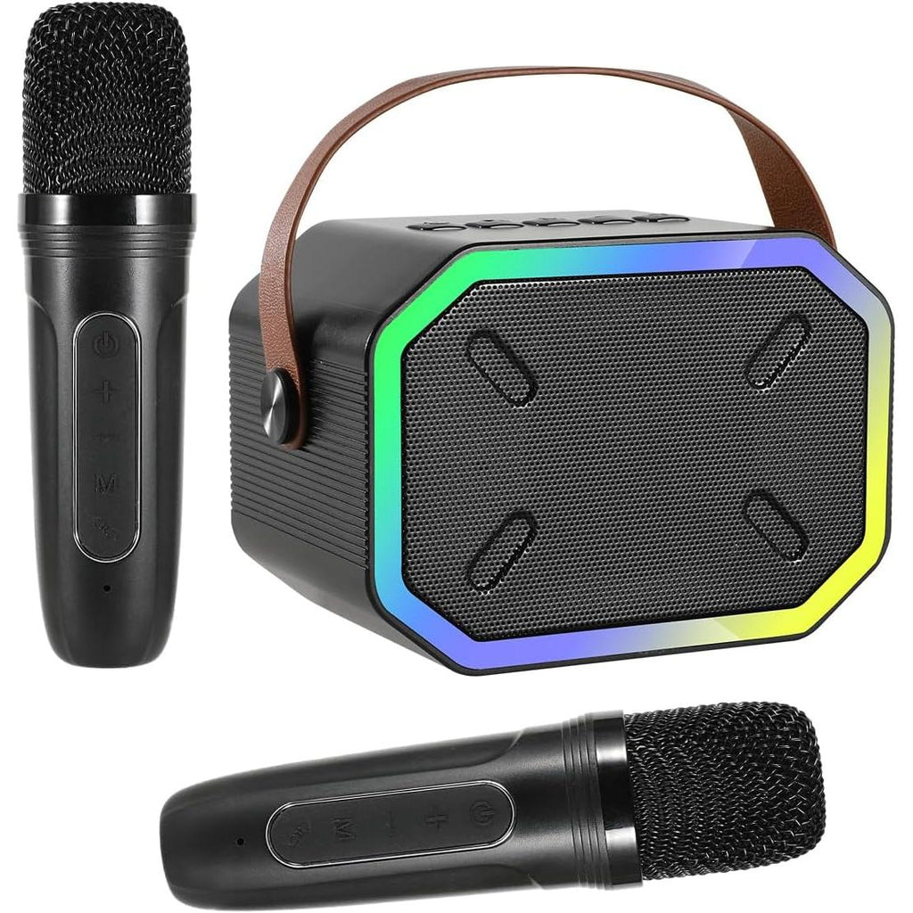 Karaoke-maskine til børn og voksne, bærbar mini Bluetooth-højttaler med 2 trådløse mikrofoner og LED-lys til TV